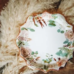 8 Assiettes En Carton Peony Vegetal Rose Gold