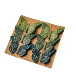 6 Pinces Papillons Vert Et Paillettes Or
