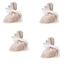 4 Pochons En Lin Ruban Blanc