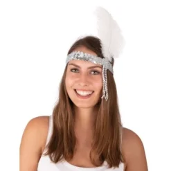 Bandeau Charleston Sequins Grande Plume Argent