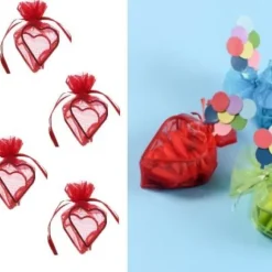 Boite A Dragees Coeur En Organza Rouge X 4 Pi Ces