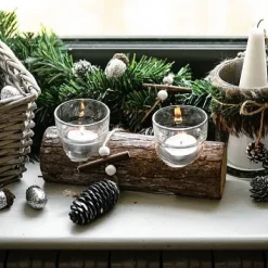 Bougeoir Double Rondin De Bois Avec 2 Photophores