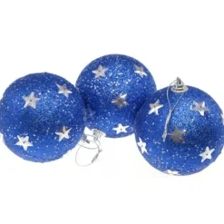 Boule De Noel Bleu 8Cm Avec Etoile X 3 Pi Ces