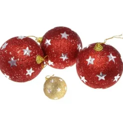 Boule De Noel Rouge Et Or 8Cm Avec Etoile X 3 Pi Ces