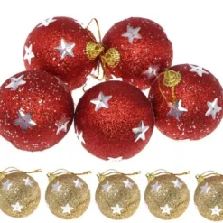 Boule De Noel Rouge Et Or 5Cm Avec Etoile X 5 Pi Ces