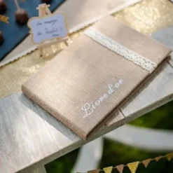 Livre D'Or En Toile De Jute Avec Dentelle Ivoire 32 Pages