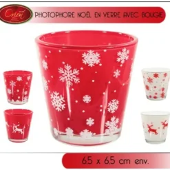 Photophore De Noel En Verre Avec Bougie Rouge Blanc