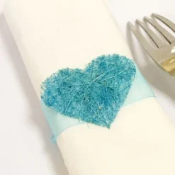 Rond De Serviette Coeur En Abaca Turquoise X 6 Pi Ces
