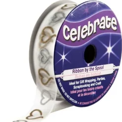 Ruban En Bobine Organza Blanc Imprim Coeur Or Et Argent