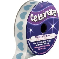 Ruban En Bobine Satin Blanc Imprim Coeur Bleu Ciel