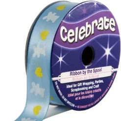 Ruban En Bobine Satin Bleu Imprim Coeur Jaune