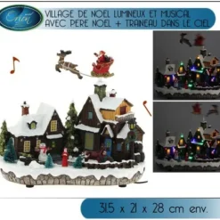Village De Noel Lumineux Et Musical Avec Traineau Dans Le Ciel