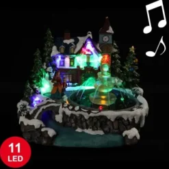 Village De Noel Miniature De La Fontaine Musical Avec 11 Led